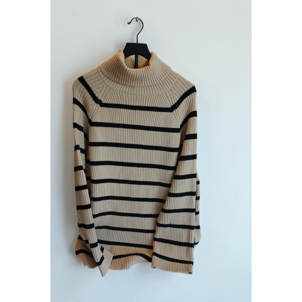 Zesica Womens Tan Black Striped Ribbed Turtleneck Sweater Size M Raglan Sleeve